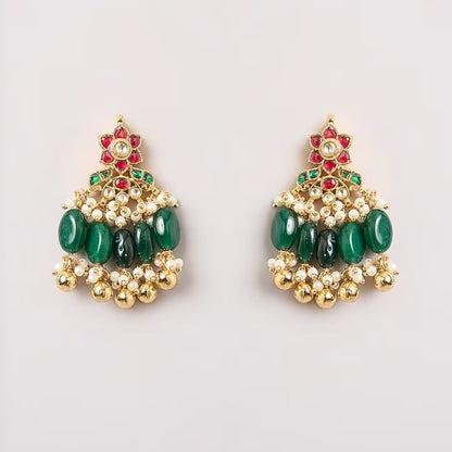 Traditional Kundan pearl choker necklace set with green bead drops and matching earrings in gold-plated finish for bridal and festive wear.