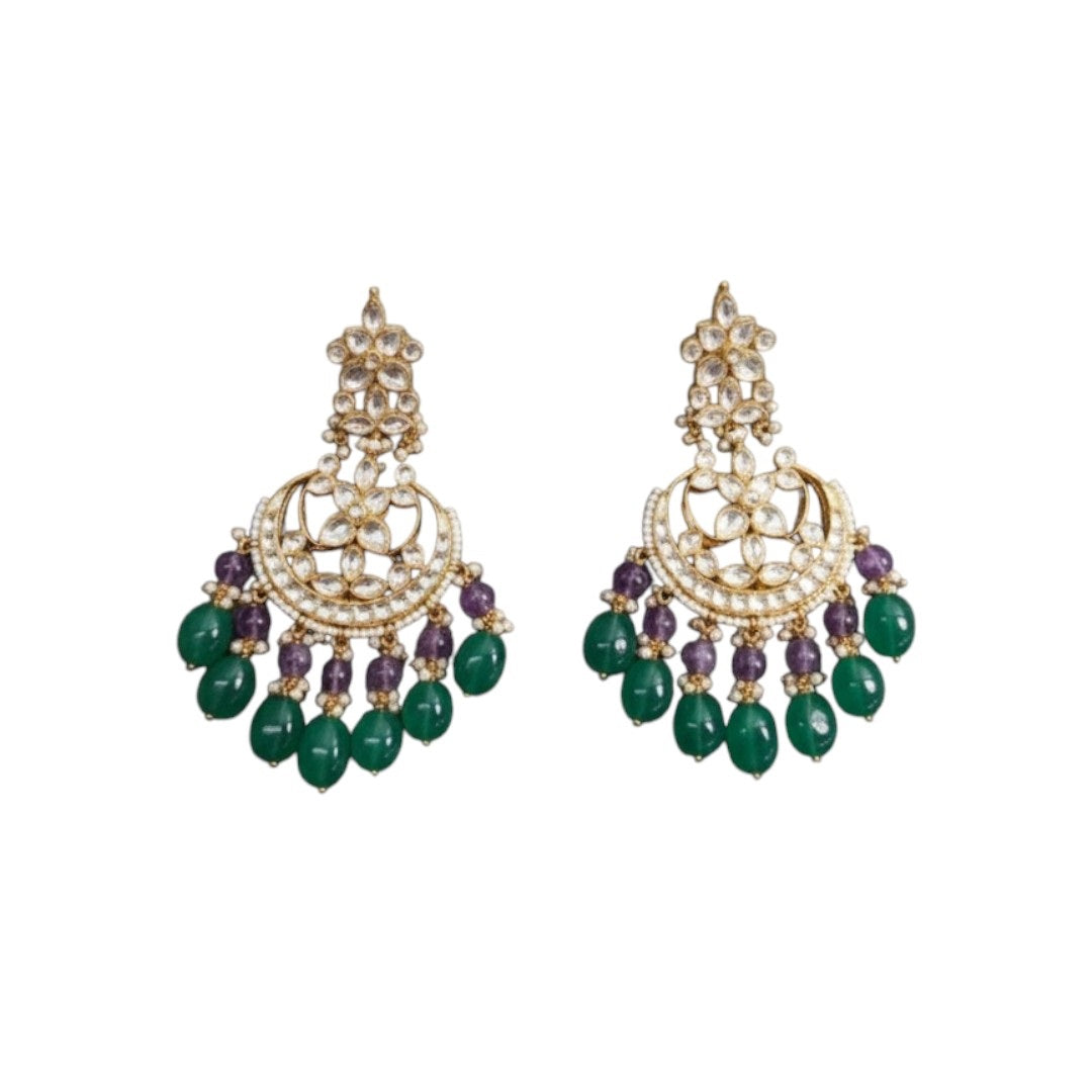 Traditional Kundan Choker Necklace Set with Green & Purple Beads
