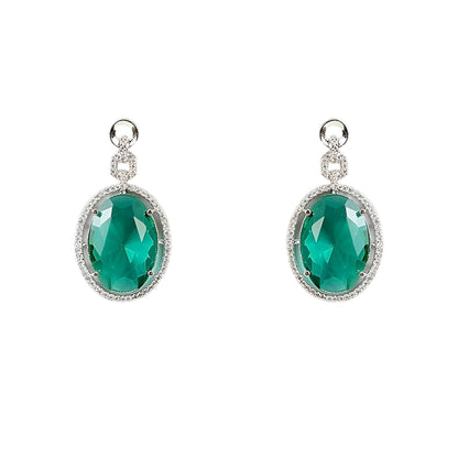Silver-toned necklace set featuring an emerald green oval crystal pendant with matching drop earrings on a white background.