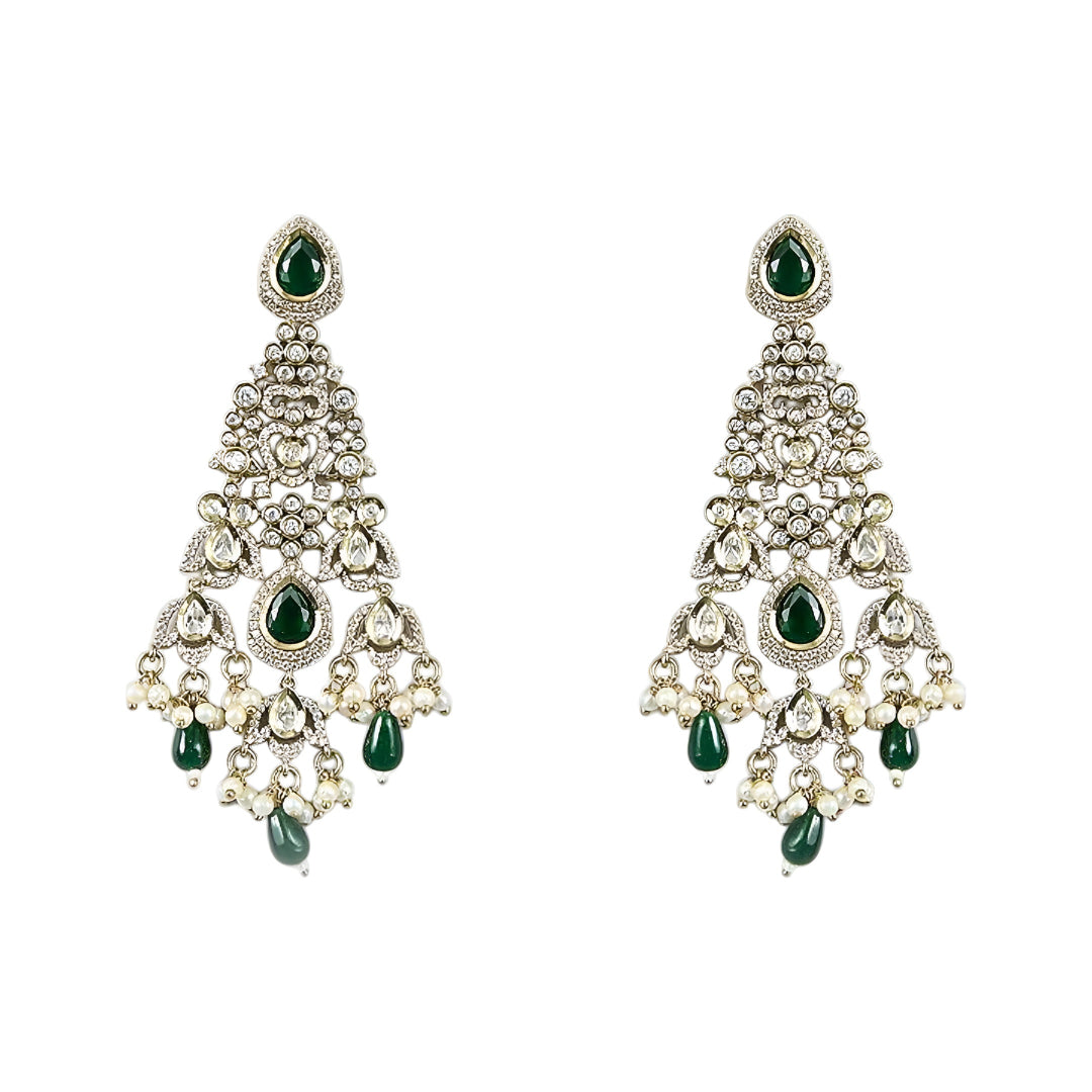 Green Kundan Polki bridal choker necklace set with intricate lattice design, pearl embellishments, green teardrop beads, and matching statement earrings.