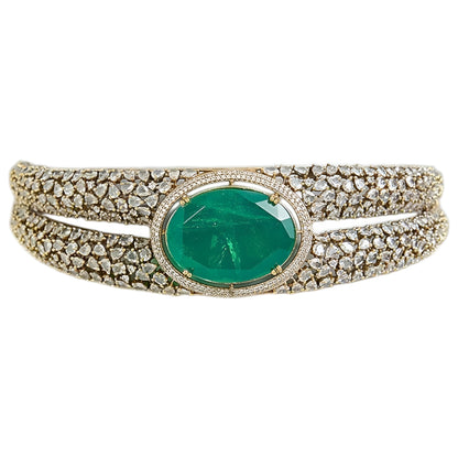 Luxury emerald green stone choker necklace set with sparkling Polki-inspired crystals and matching drop earrings for bridal and wedding jewelry.