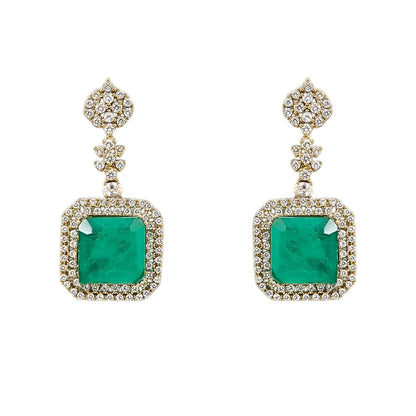 Elegant emerald green crystal pendant necklace set with sparkling zircon-studded chain and matching drop earrings in a gold-tone finish.