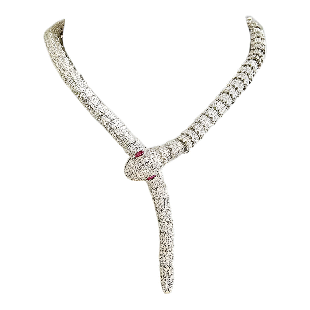 Luxury Serpent Diamond Necklace Set with Ruby Eyes | Designer Statement Jewelry