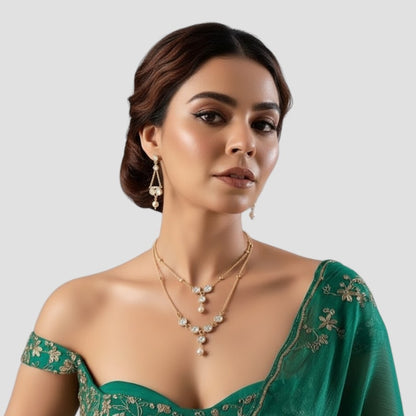 Gold-Plated Double-Layer Crystal Necklace Set With Earring