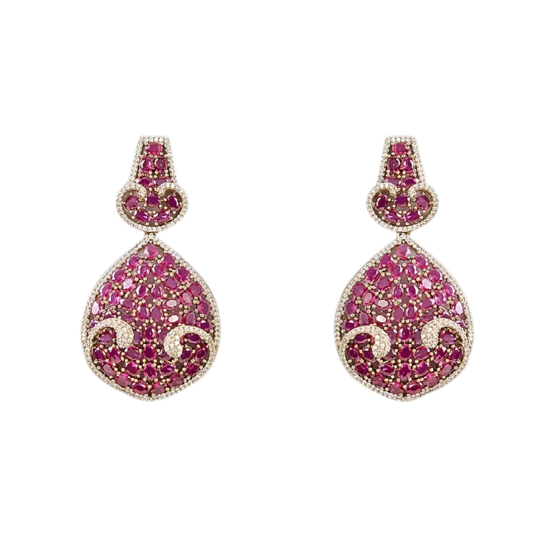 Luxury ruby pink crystal statement choker necklace set with teardrop pendant and matching earrings for weddings and festive occasions.