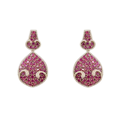 Luxury ruby pink crystal statement choker necklace set with teardrop pendant and matching earrings for weddings and festive occasions.