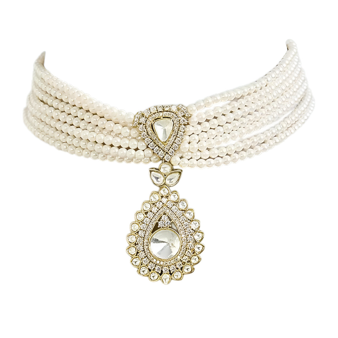 Multi-strand pearl choker necklace featuring a teardrop Kundan pendant with matching stud earrings on a white background.