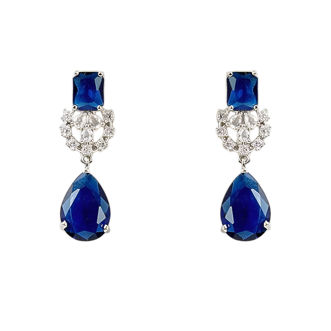 Elegant blue sapphire crystal choker necklace set with zircon-studded silver finish and matching drop earrings for women.
