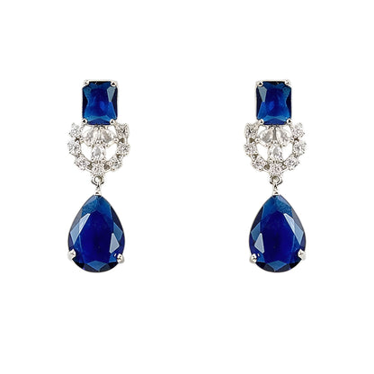 Elegant blue sapphire crystal choker necklace set with zircon-studded silver finish and matching drop earrings for women.
