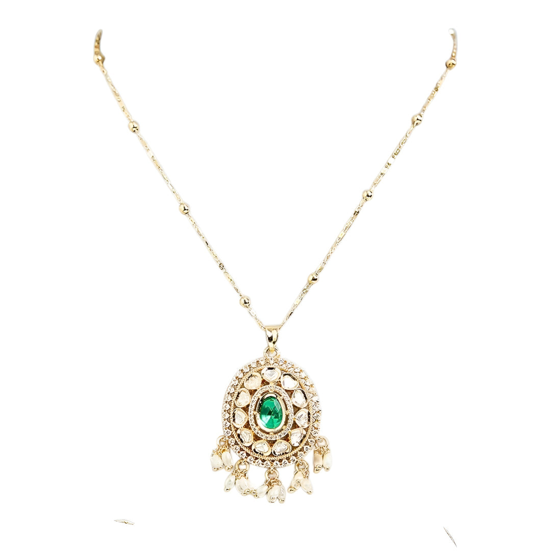 Gold Plated Green Kundan Pendant Necklace Set with Pearl Drop Earrings for Women Traditional Bridal Wedding Jewelry
