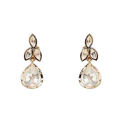 Gold-toned leaf design pendant necklace set with teardrop crystal pendant and matching drop earrings on a white background.
