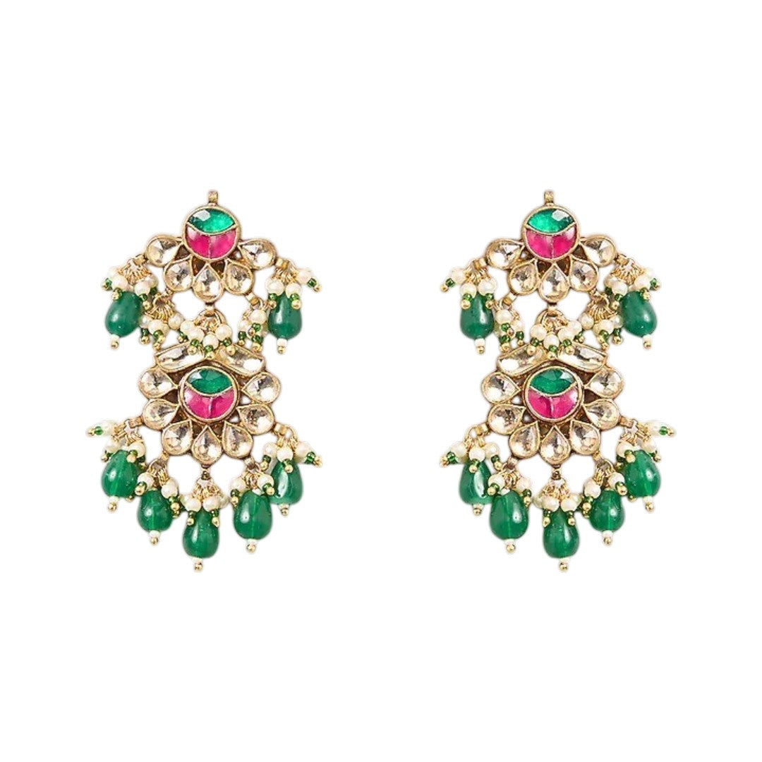 Traditional Kundan choker necklace set with pink stone detailing, green bead drops, and matching earrings in gold-plated finish for bridal wear.