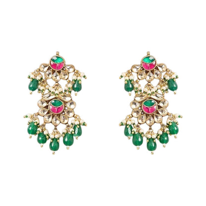 Traditional Kundan choker necklace set with pink stone detailing, green bead drops, and matching earrings in gold-plated finish for bridal wear.