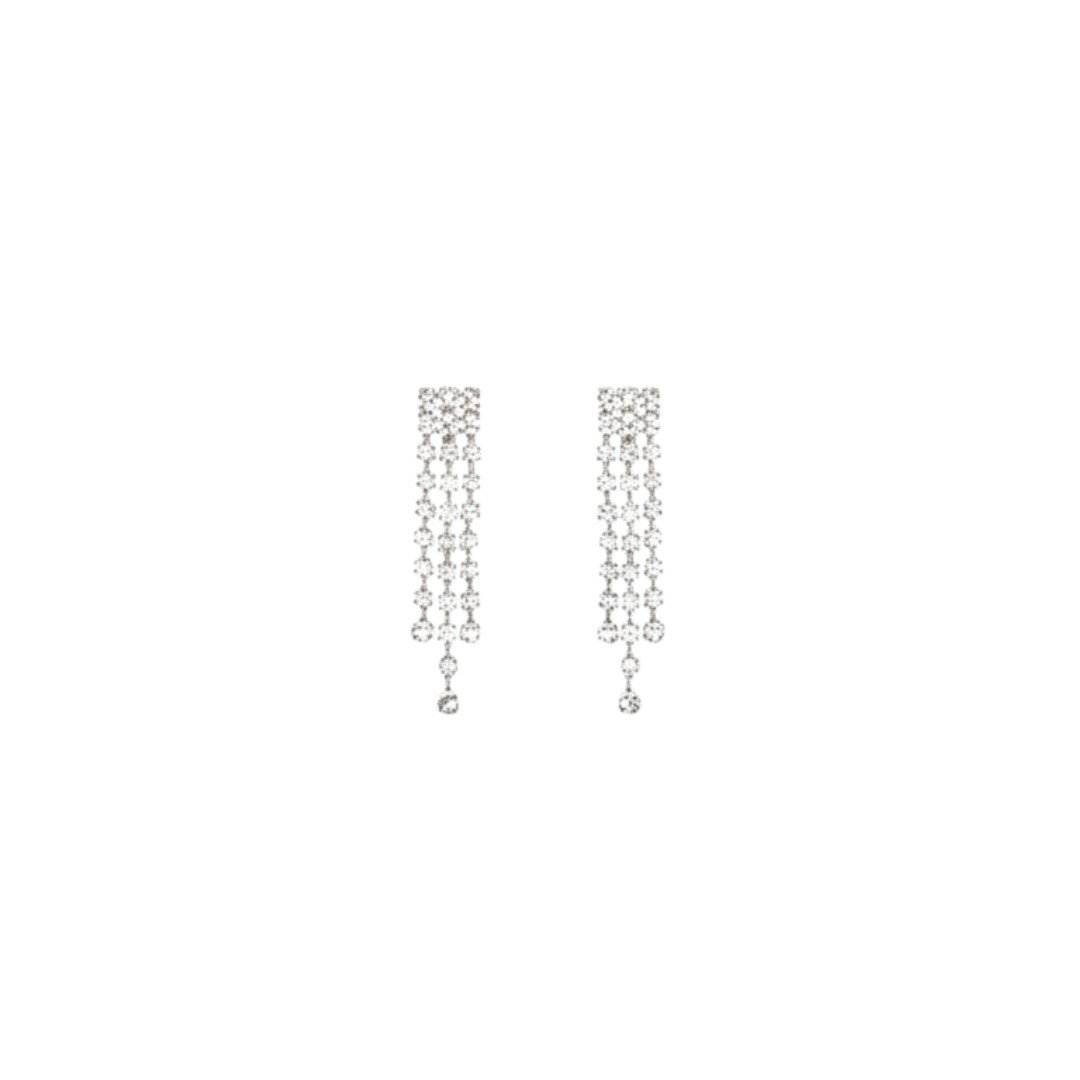 Silver-plated cascading crystal necklace set with earrings and maang tikka for bridal and festive occasions.