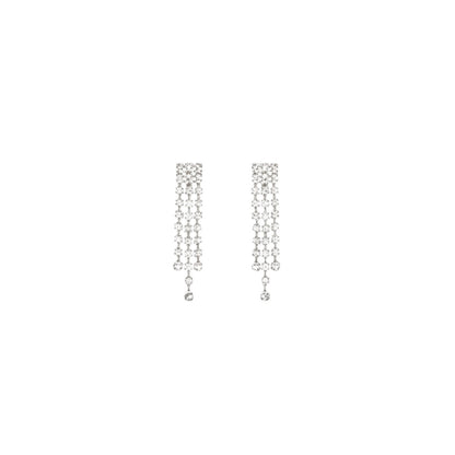 Silver-plated cascading crystal necklace set with earrings and maang tikka for bridal and festive occasions.