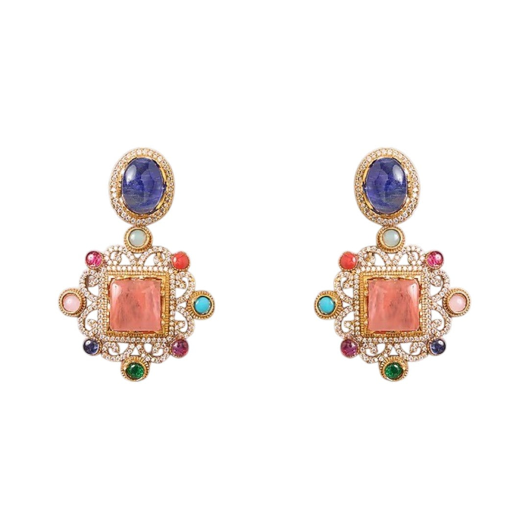 Royal Victorian antique gold statement necklace set with multicolor gemstones, pendant design, and matching earrings for women.
