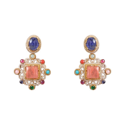 Royal Victorian antique gold statement necklace set with multicolor gemstones, pendant design, and matching earrings for women.