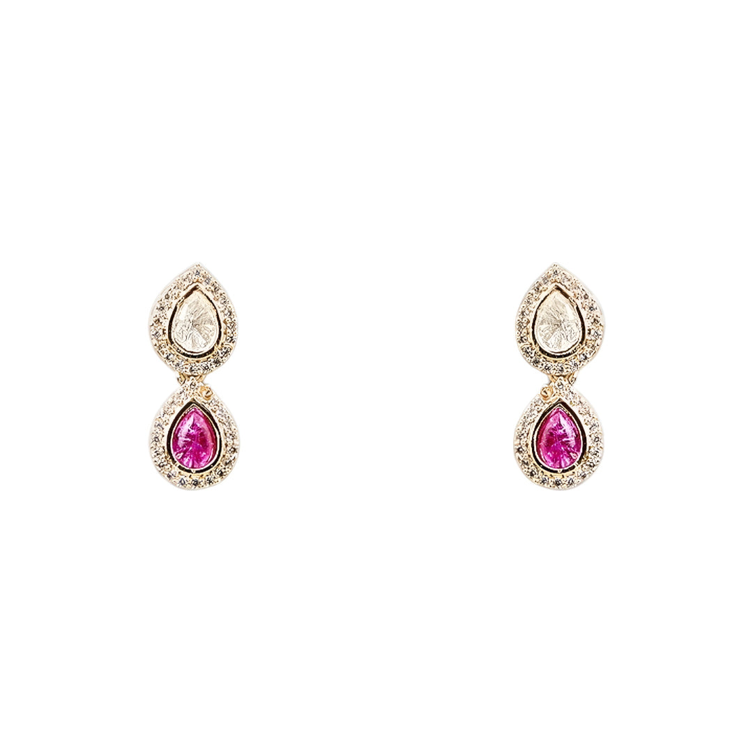 Gold Plated Pink and White Kundan Drop Necklace Set with Matching Earrings for Women Traditional Bridal Wedding Jewelry