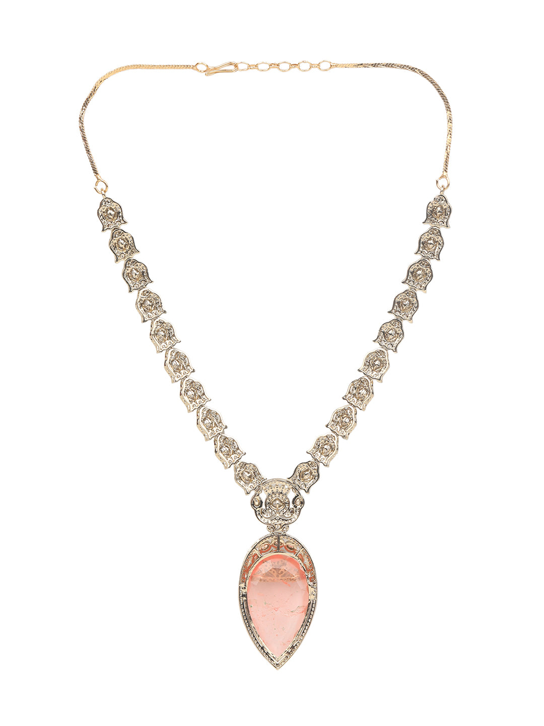 Gold-plated necklace set with peach teardrop pendant and matching statement earrings for bridal and festive wear