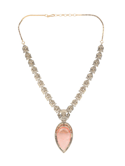 Gold-plated necklace set with peach teardrop pendant and matching statement earrings for bridal and festive wear