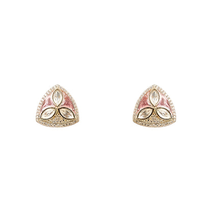 Gold-plated pink stone pendant necklace set with matching stud earrings featuring marquise-cut crystals and elegant enamel detailing.