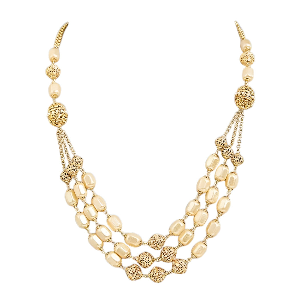 Elegant multi-layer ivory pearl beaded necklace set with gold-tone filigree accents and matching drop earrings for women.