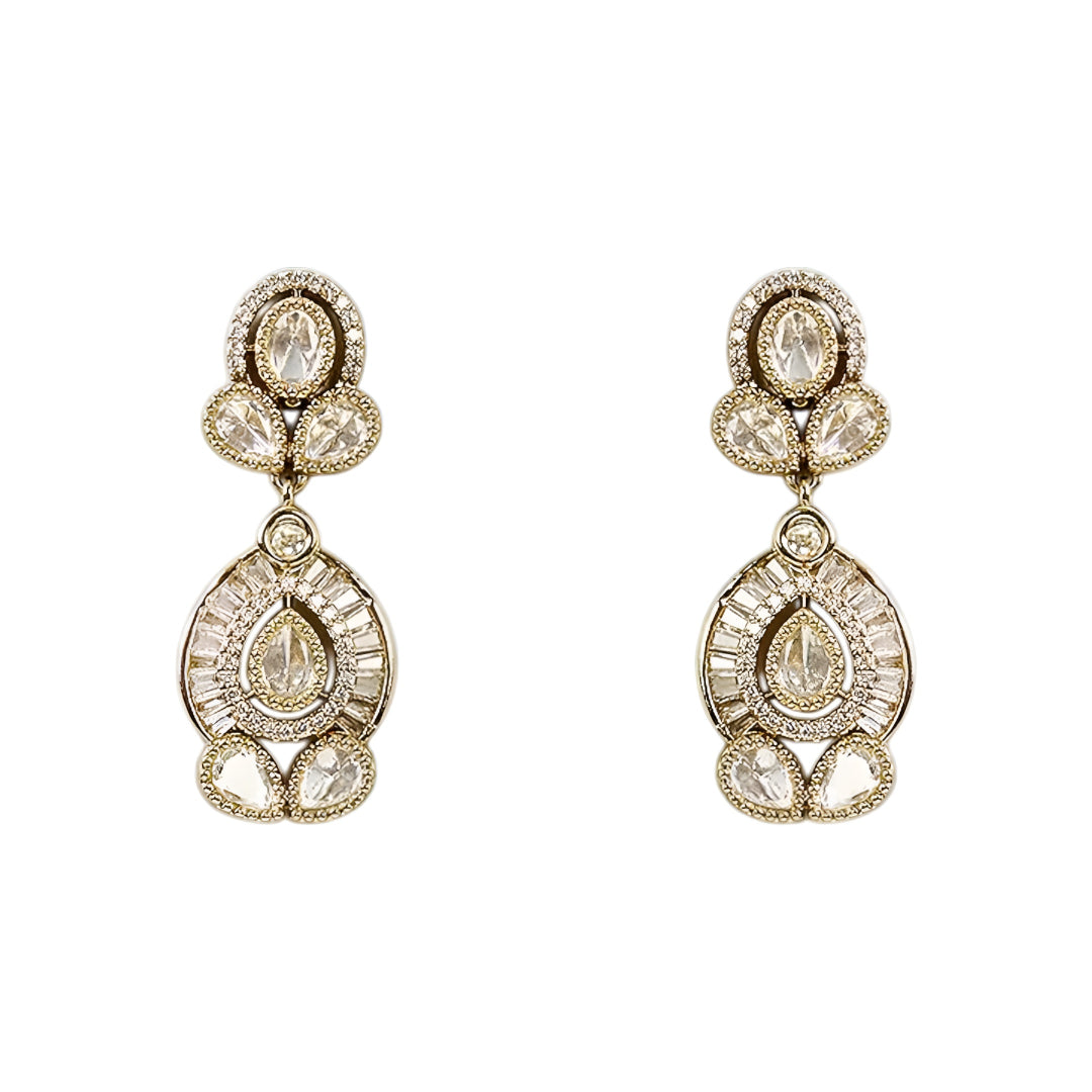 Gold-plated Kundan choker necklace set with matching drop earrings featuring teardrop stones and bridal-inspired traditional design.