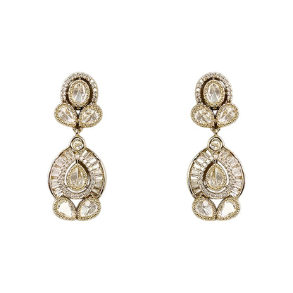 Gold-plated Kundan choker necklace set with matching drop earrings featuring teardrop stones and bridal-inspired traditional design.