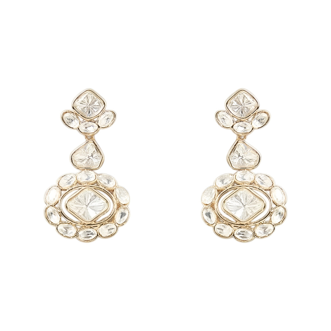 Gold-tone Kundan choker necklace set with matching earrings featuring white uncut-style stones, ideal for bridal, wedding, and festive wear.