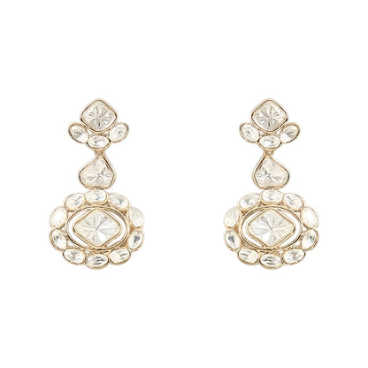 Gold-tone Kundan choker necklace set with matching earrings featuring white uncut-style stones, ideal for bridal, wedding, and festive wear.