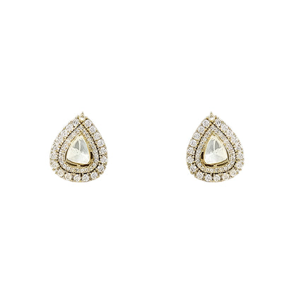 Multi-strand pearl choker necklace featuring a teardrop Kundan pendant with matching stud earrings on a white background.