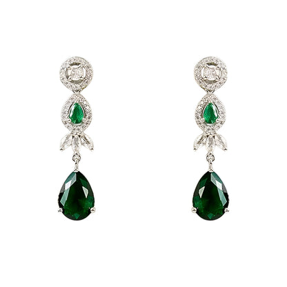 Silver-tone choker necklace and earrings set featuring sparkling clear crystals and emerald green teardrop stones in an elegant bridal jewelry design.