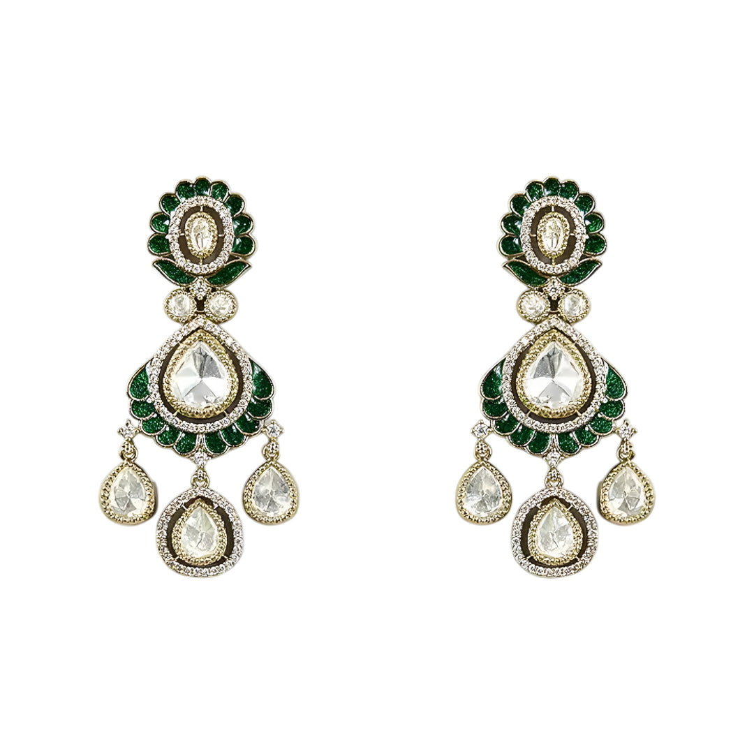 Green Kundan Polki bridal necklace set with matching earrings featuring white stones and emerald green accents in antique gold finish.