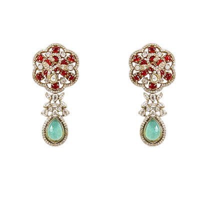 Designer ruby red kundan choker necklace set with sparkling crystal detailing, mint green teardrop gemstone centerpiece, and matching earrings for bridal and festive occasions.