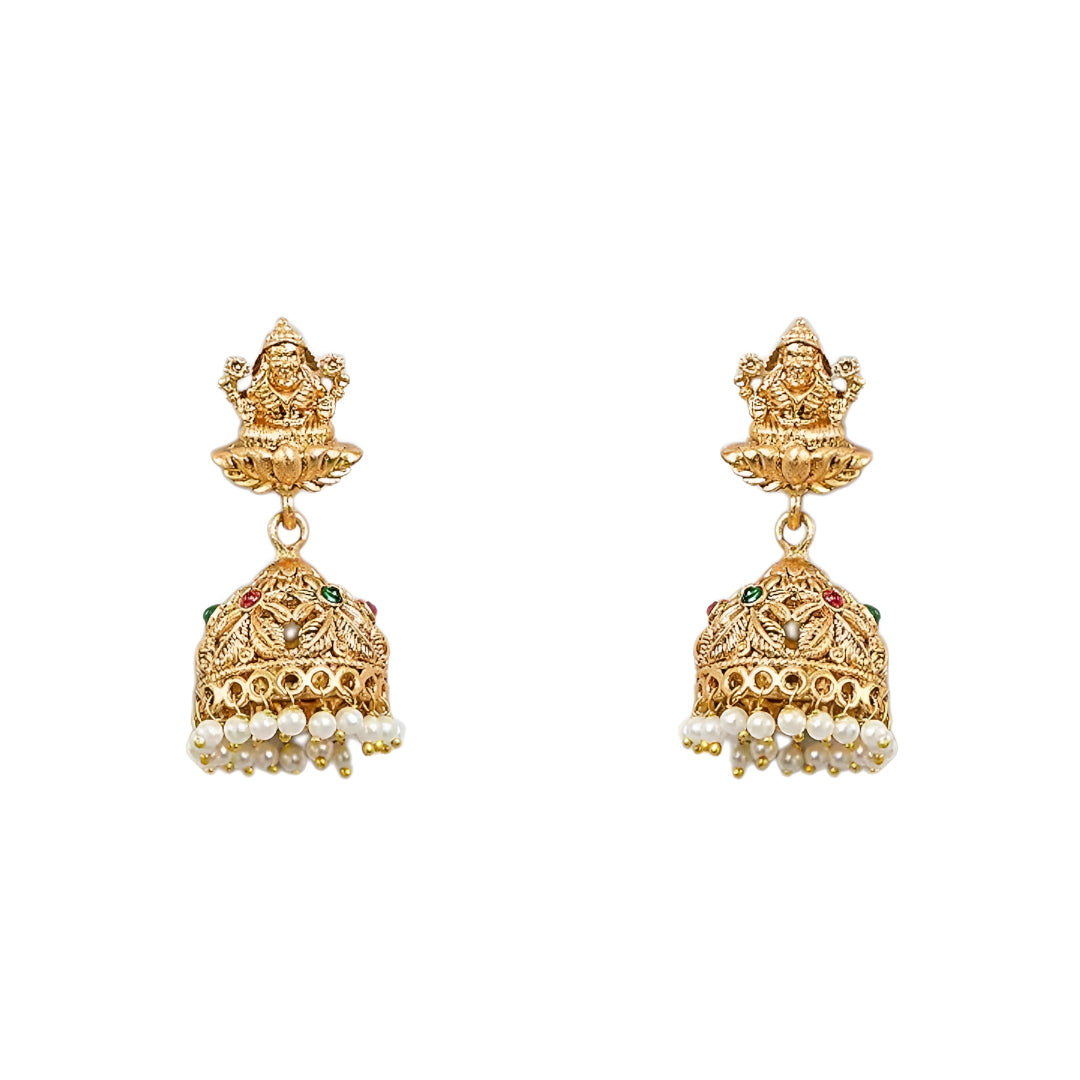 Traditional South Indian Temple Jewellery Lakshmi Necklace Set with matching Jhumka Earrings, antique gold finish, green bead drops, and ruby stone embellishments for bridal and festive wear.
