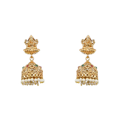 Traditional South Indian Temple Jewellery Lakshmi Necklace Set with matching Jhumka Earrings, antique gold finish, green bead drops, and ruby stone embellishments for bridal and festive wear.