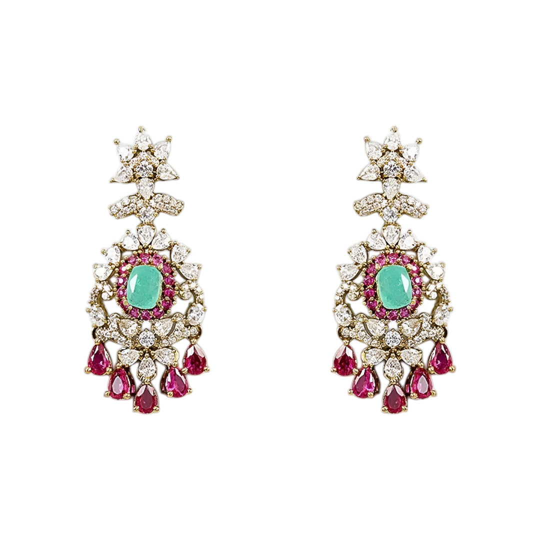 Luxury emerald green kundan choker necklace set with sparkling polki stones, ruby pink accents, and matching chandelier earrings for bridal and wedding wear.