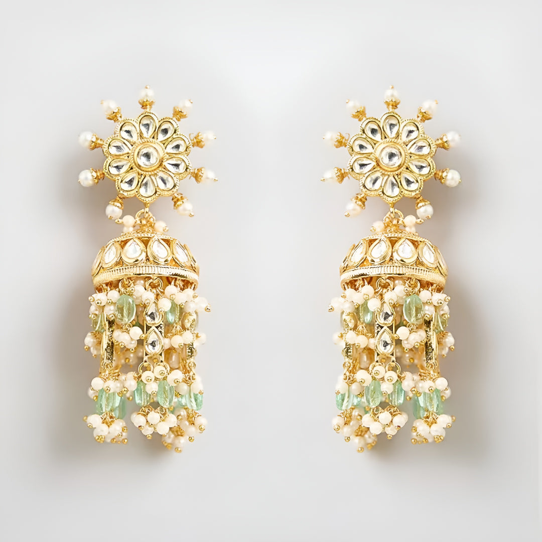 Gold Plated Floral Kundan Choker Necklace Set with Mint Green Beads and Matching Jhumka Earrings for Women Bridal Wedding Jewelry
