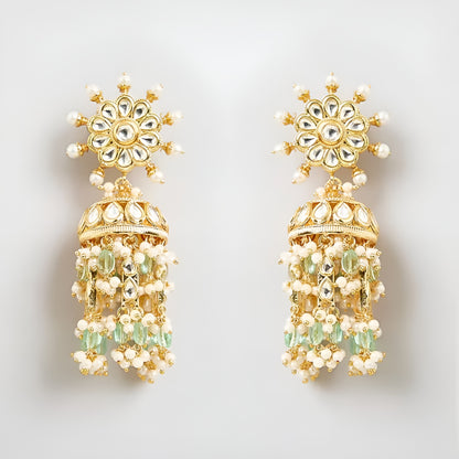 Gold Plated Floral Kundan Choker Necklace Set with Mint Green Beads and Matching Jhumka Earrings for Women Bridal Wedding Jewelry