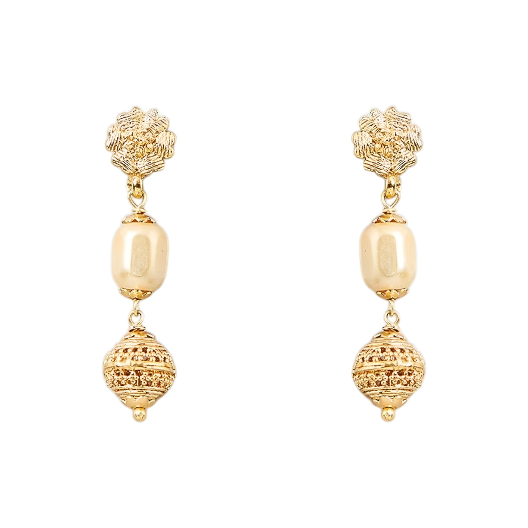 Elegant multi-layer ivory pearl beaded necklace set with gold-tone filigree accents and matching drop earrings for women.