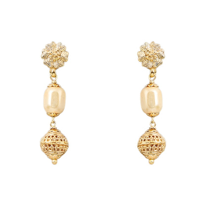 Elegant multi-layer ivory pearl beaded necklace set with gold-tone filigree accents and matching drop earrings for women.