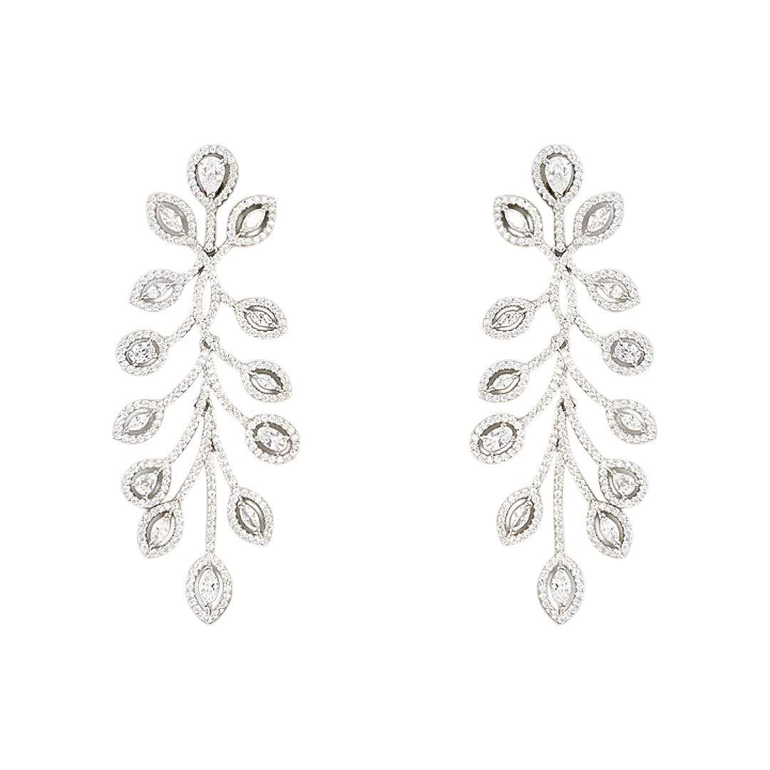Elegant leaf design diamond necklace set with matching earrings in white gold finish, luxury bridal jewelry for weddings and special occasions.