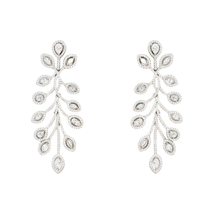 Elegant leaf design diamond necklace set with matching earrings in white gold finish, luxury bridal jewelry for weddings and special occasions.