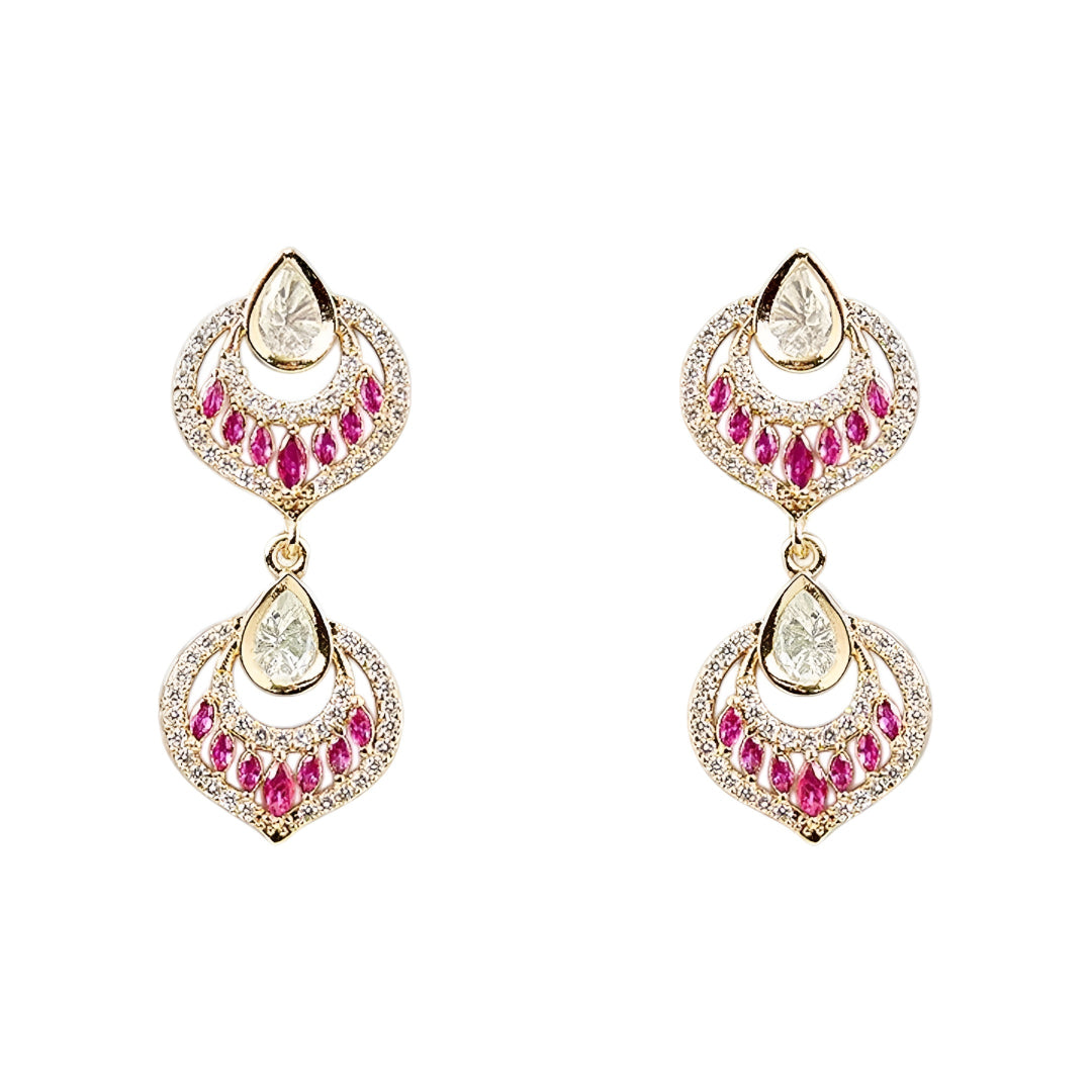 Luxury Pink & White Crystal Statement Necklace Set with Matching Drop Earrings