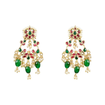 Traditional gold-plated Kundan choker necklace set with red and green stones, dangling green beads, and matching chandbali earrings for bridal wear.