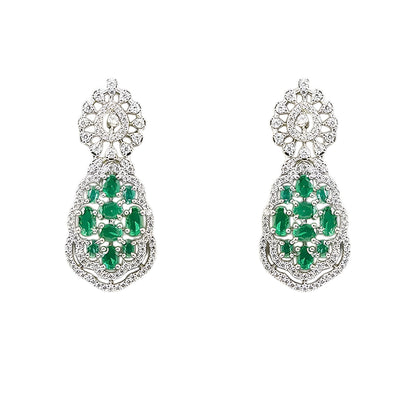 Silver-toned emerald green crystal choker necklace set featuring sparkling stone detailing and matching statement drop earrings on a white background.