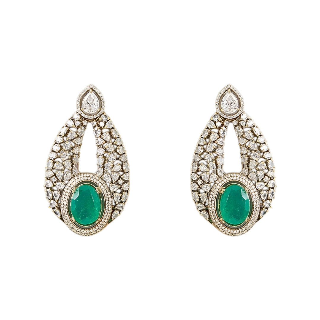 Luxury emerald green stone choker necklace set with sparkling Polki-inspired crystals and matching drop earrings for bridal and wedding jewelry.