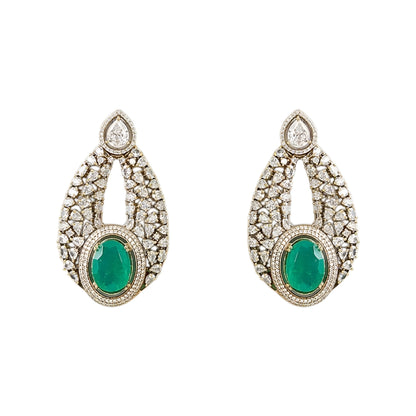 Luxury emerald green stone choker necklace set with sparkling Polki-inspired crystals and matching drop earrings for bridal and wedding jewelry.