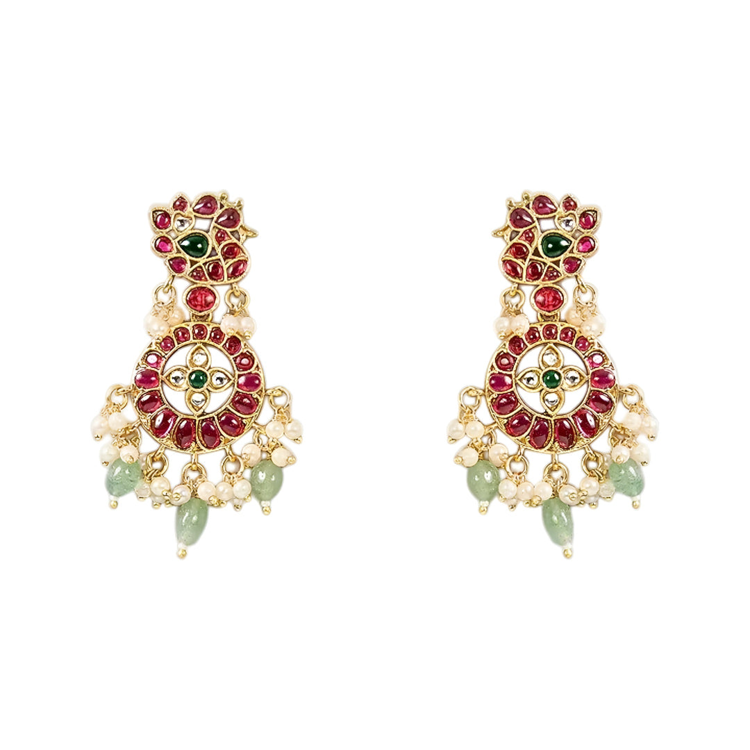 Traditional Kundan choker necklace set with ruby stones, green bead drops, gold finish, and matching earrings for bridal and wedding wear.