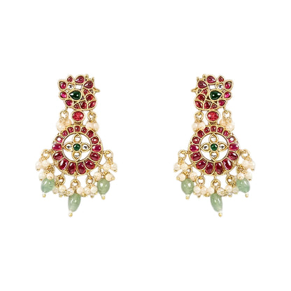 Traditional Kundan choker necklace set with ruby stones, green bead drops, gold finish, and matching earrings for bridal and wedding wear.